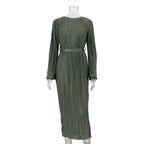 Pleated Bell Sleeve Tie Waist Column Maxi Dress