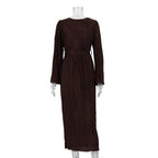 Pleated Bell Sleeve Tie Waist Column Maxi Dress