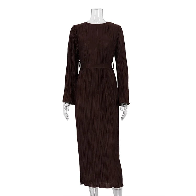 Pleated Bell Sleeve Tie Waist Column Maxi Dress