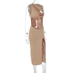 Mock Neck Sleeveless Cut Out High Slit Bodycon Maxi Dress