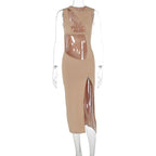 Mock Neck Sleeveless Cut Out High Slit Bodycon Maxi Dress