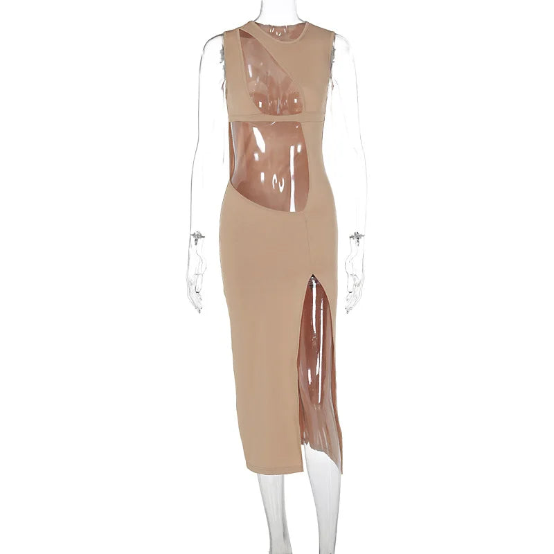 Mock Neck Sleeveless Cut Out High Slit Bodycon Maxi Dress