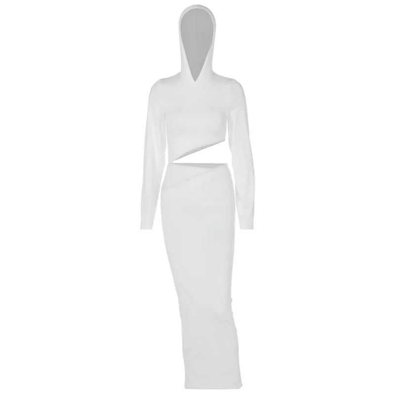 Hooded Long Sleeve Waist Cut Out Bodycon Maxi Dress