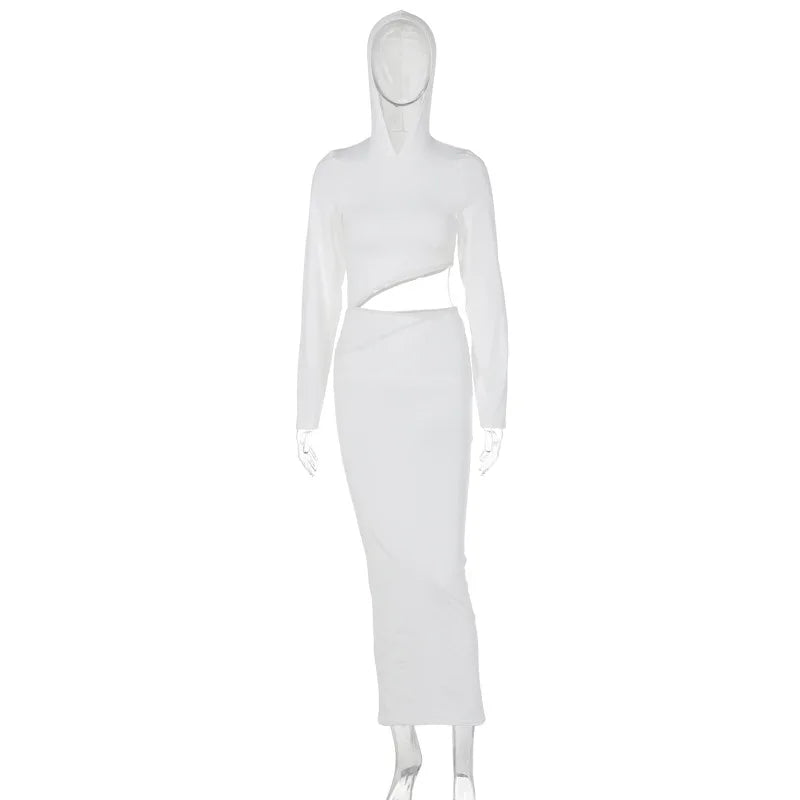 Hooded Long Sleeve Waist Cut Out Bodycon Maxi Dress