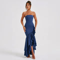 Strapless Cascading Ruffle Tiered Asymmetric High-Low Side Slit Maxi Dress