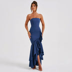 Strapless Cascading Ruffle Tiered Asymmetric High-Low Side Slit Maxi Dress