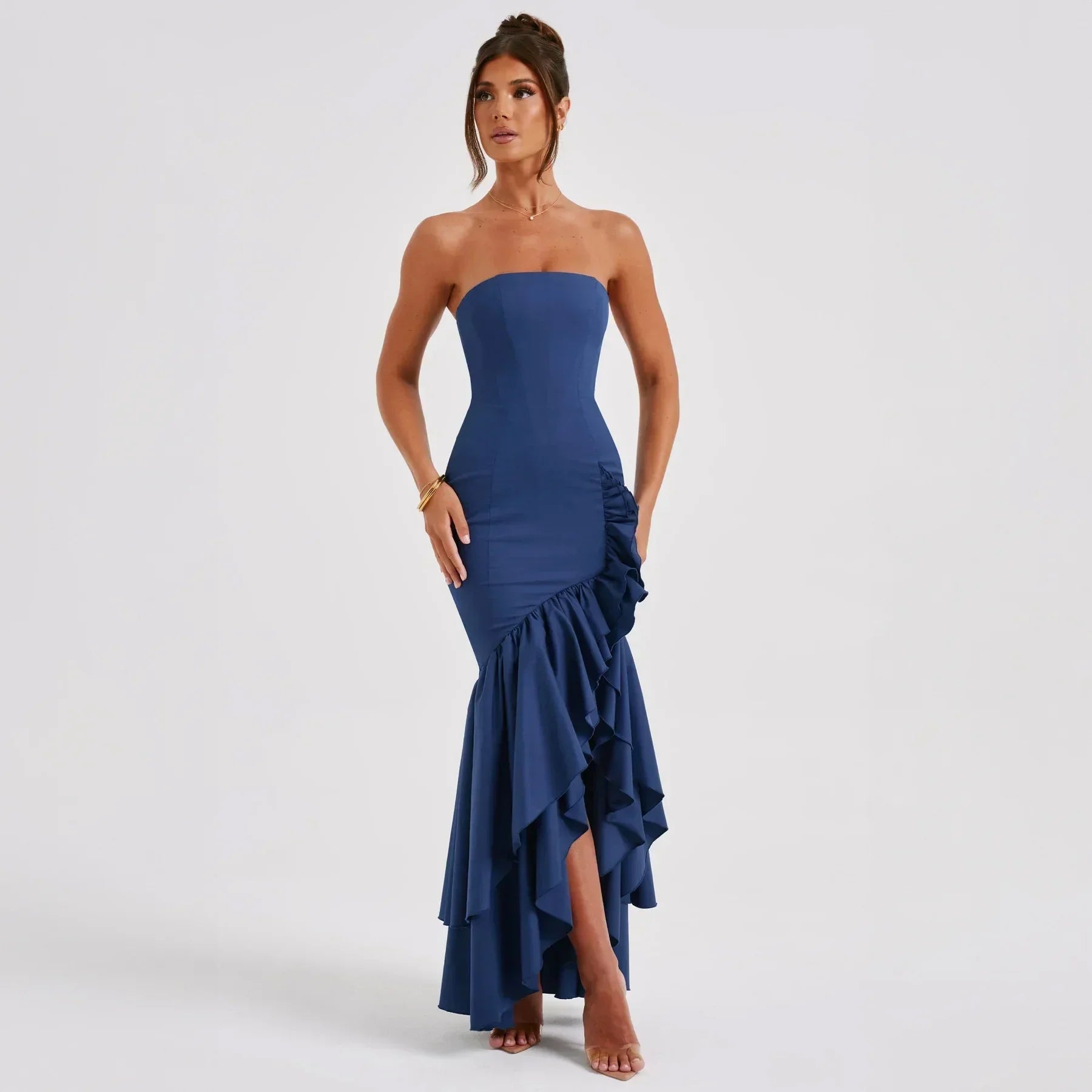 Strapless Cascading Ruffle Tiered Asymmetric High-Low Side Slit Maxi Dress