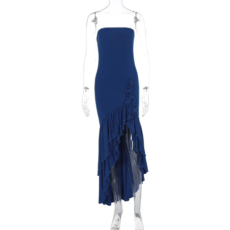 Strapless Cascading Ruffle Tiered Asymmetric High-Low Side Slit Maxi Dress