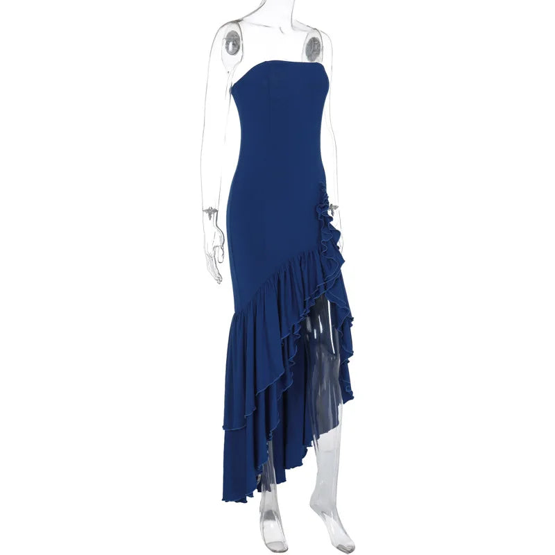 Strapless Cascading Ruffle Tiered Asymmetric High-Low Side Slit Maxi Dress