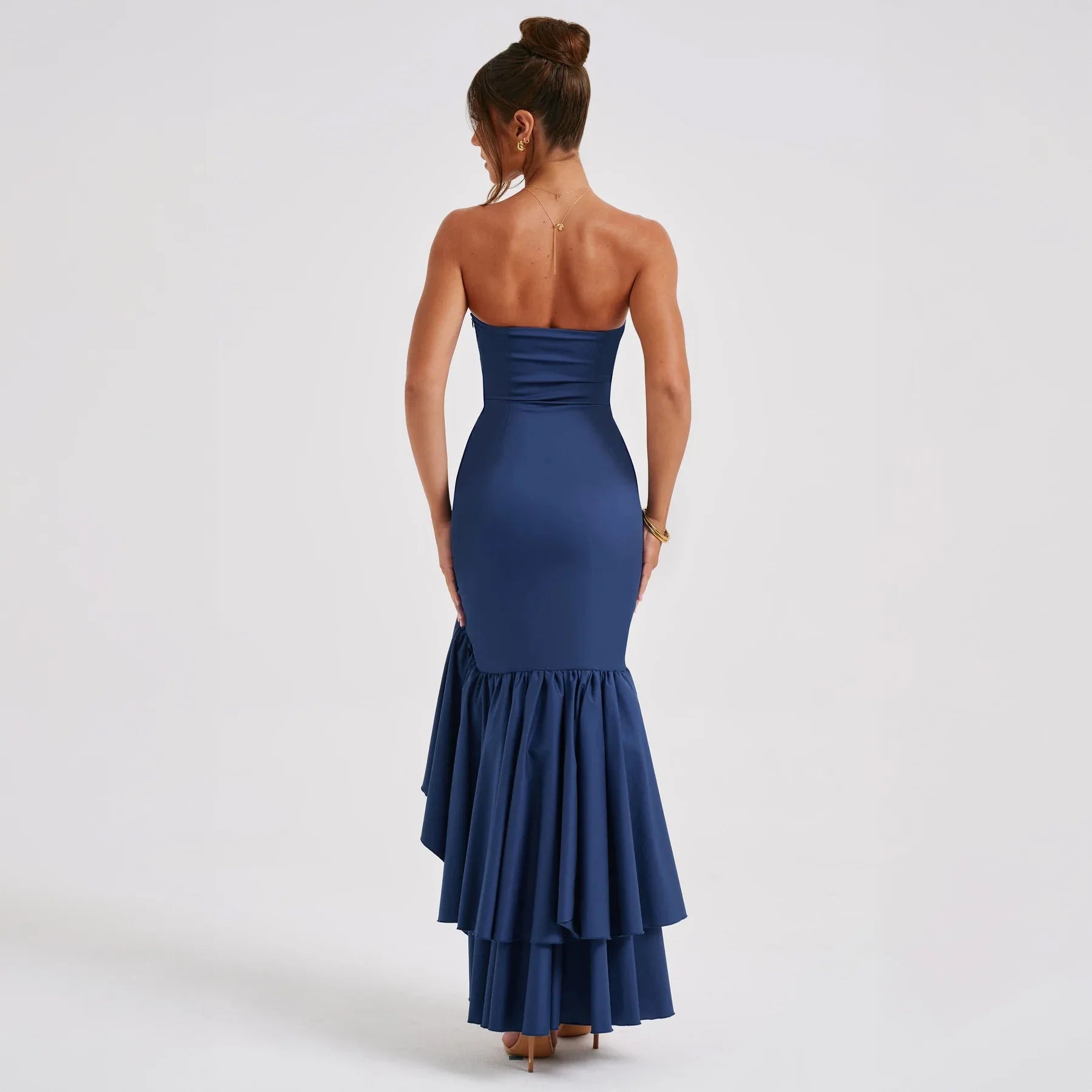 Strapless Cascading Ruffle Tiered Asymmetric High-Low Side Slit Maxi Dress