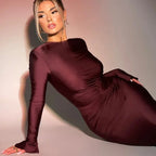 Crew Neck Padded Shoulder Long Sleeve Side Ruched Waist Inset Midi Dress