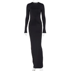 Crew Neck Padded Shoulder Long Sleeve Side Ruched Waist Inset Midi Dress