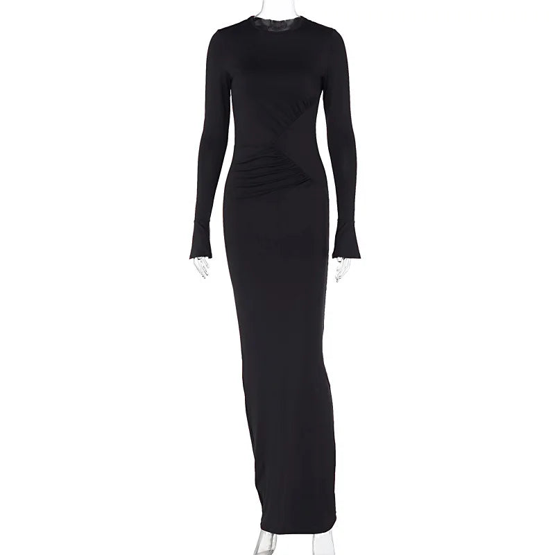 Crew Neck Padded Shoulder Long Sleeve Side Ruched Waist Inset Midi Dress