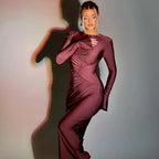 Crew Neck Padded Shoulder Long Sleeve Side Ruched Waist Inset Midi Dress