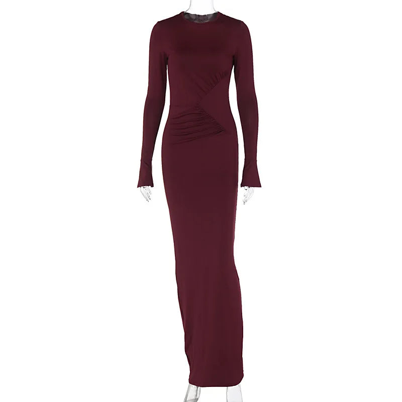 Crew Neck Padded Shoulder Long Sleeve Side Ruched Waist Inset Midi Dress
