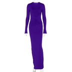 Crew Neck Padded Shoulder Long Sleeve Side Ruched Waist Inset Midi Dress