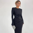 Crew Neck Padded Shoulder Long Sleeve Side Ruched Waist Inset Midi Dress