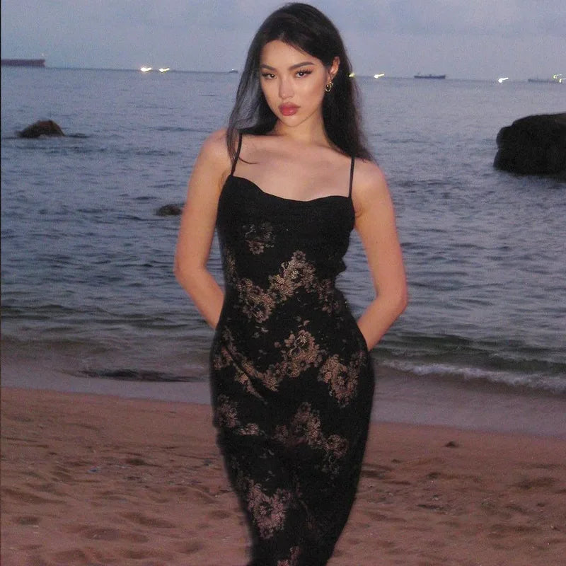 Floral Lace Spaghetti Strap Slip Midi Dress