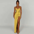 Satin Deep V-Neck Spaghetti Strap High Slit Column Maxi Dress
