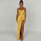 Satin Deep V-Neck Spaghetti Strap High Slit Column Maxi Dress