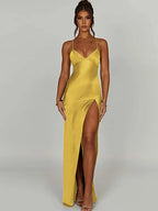 Spaghetti Strap Deep V-Neck Satin High Slit Bodycon Maxi Gown