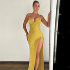 Satin Deep V-Neck Spaghetti Strap High Slit Column Maxi Dress