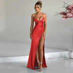 Spaghetti Strap Deep V-Neck Satin High Slit Bodycon Maxi Gown
