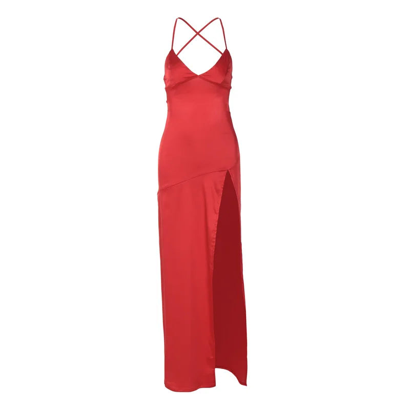 Satin Deep V-Neck Spaghetti Strap High Slit Column Maxi Dress