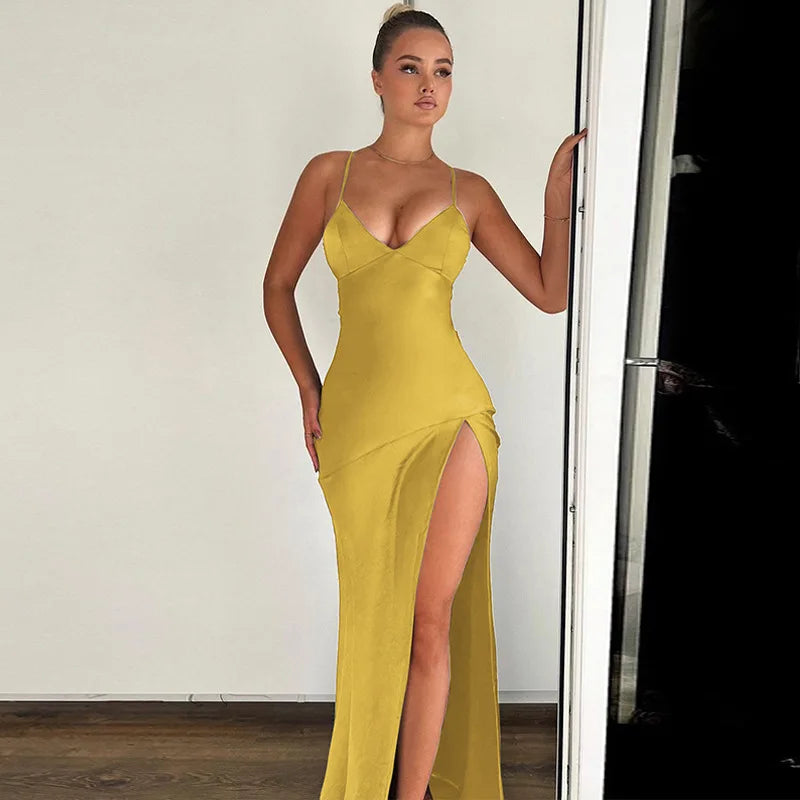 Spaghetti Strap Deep V-Neck Satin High Slit Bodycon Maxi Gown