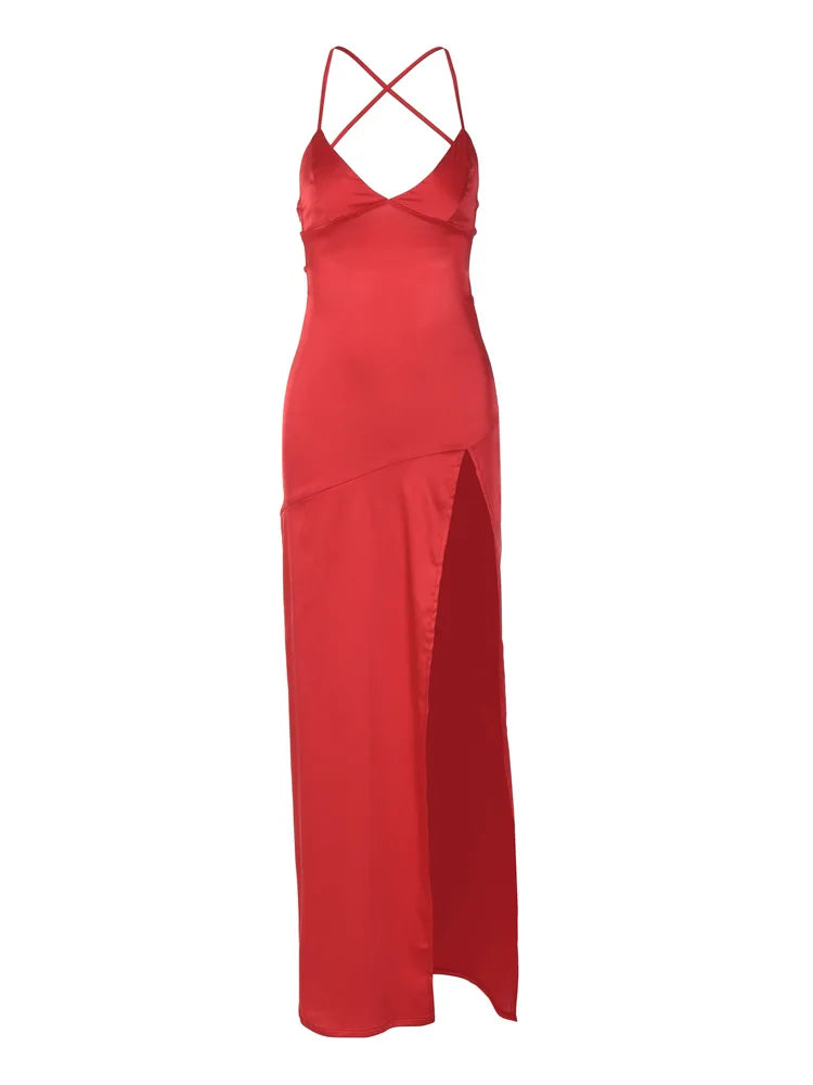 Satin Deep V-Neck Spaghetti Strap High Slit Column Maxi Dress