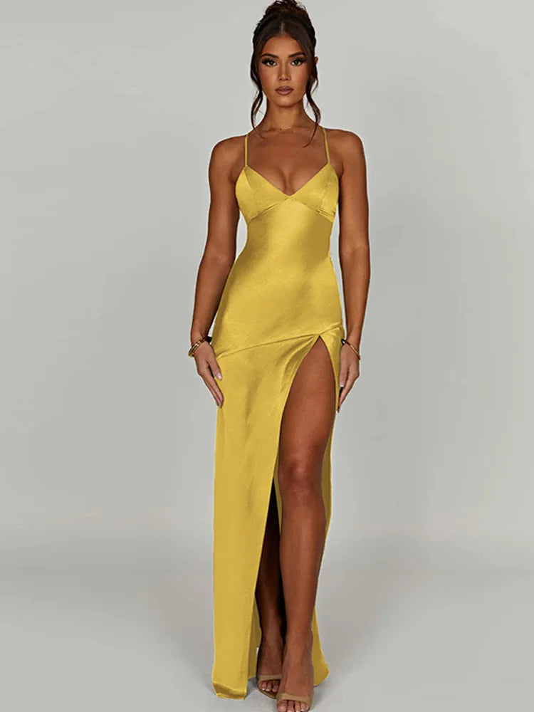 Satin Deep V-Neck Spaghetti Strap High Slit Column Maxi Dress