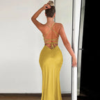Spaghetti Strap Deep V-Neck Satin High Slit Bodycon Maxi Gown
