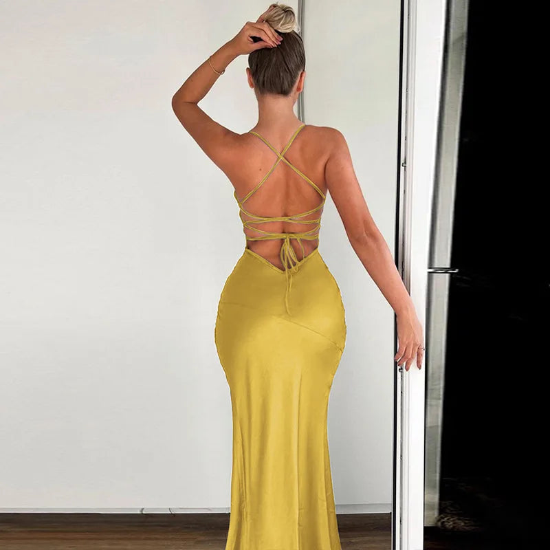 Spaghetti Strap Deep V-Neck Satin High Slit Bodycon Maxi Gown