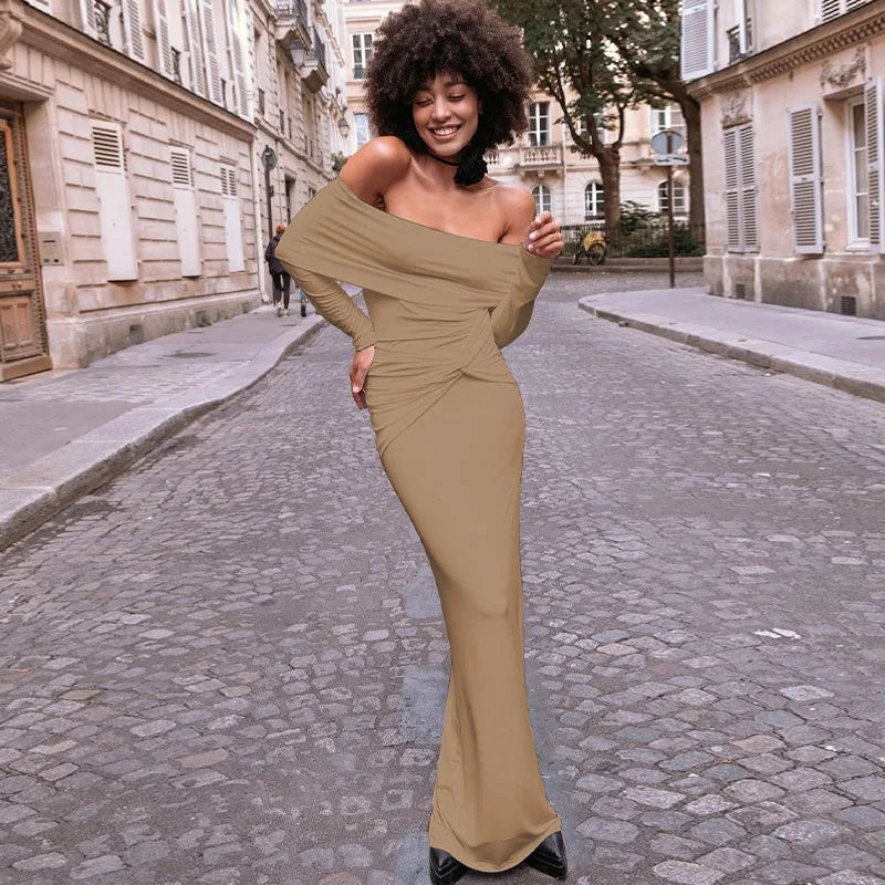 Off Shoulder Long Sleeve Twisted Knot Waist Bodycon Maxi Dress