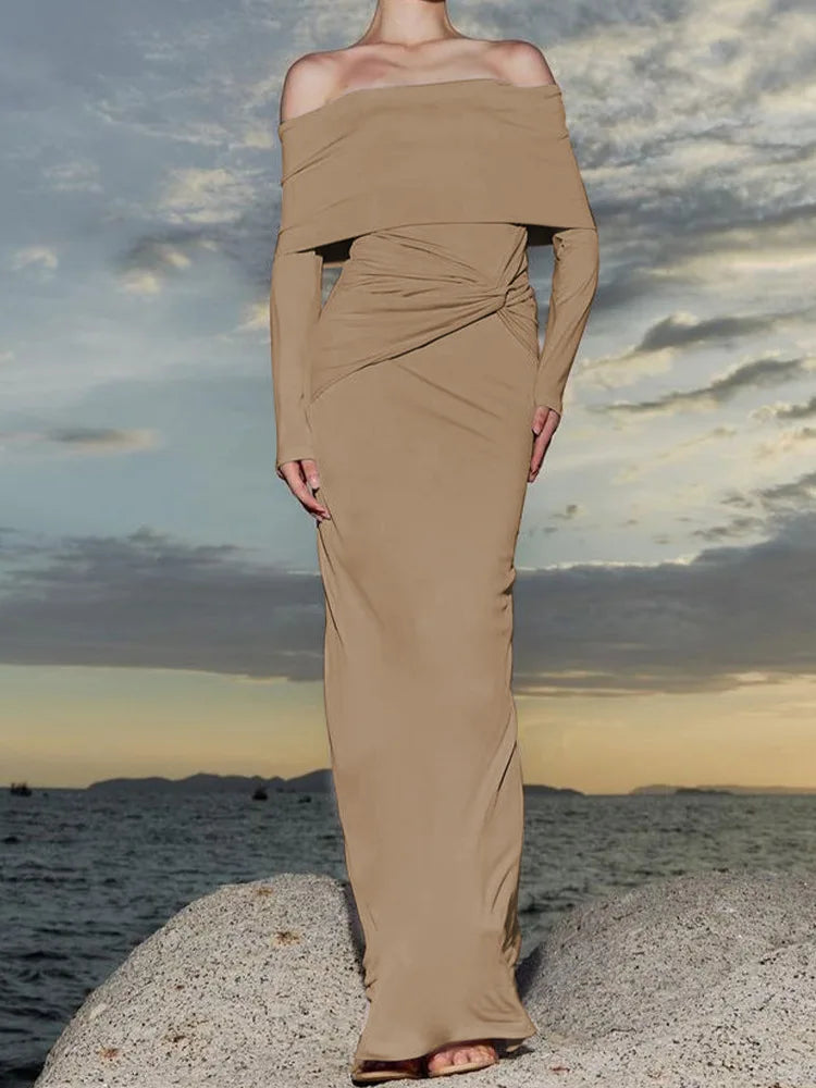 Off Shoulder Long Sleeve Twisted Knot Waist Bodycon Maxi Dress