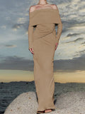 Off Shoulder Long Sleeve Twisted Knot Waist Bodycon Maxi Dress