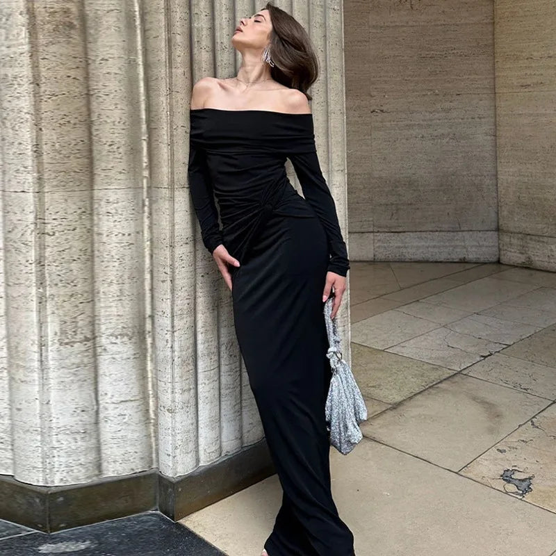 Off Shoulder Long Sleeve Twisted Knot Waist Bodycon Maxi Dress