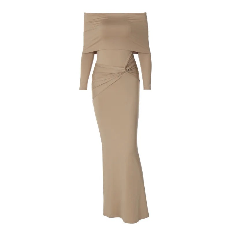 Off Shoulder Long Sleeve Twisted Knot Waist Bodycon Maxi Dress