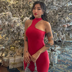 Halter Neck Keyhole Open Shoulder Bodycon Midi Dress
