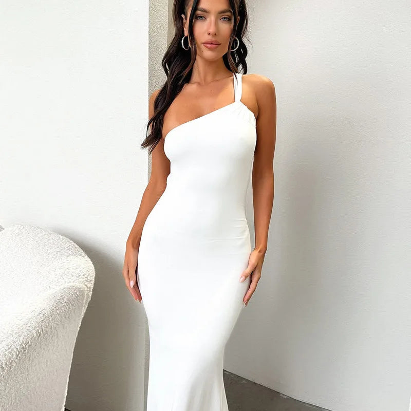Asymmetrical One Shoulder Double Strap Bodycon Mermaid Hem Maxi Dress