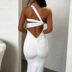 Asymmetrical One Shoulder Double Strap Bodycon Mermaid Hem Maxi Dress