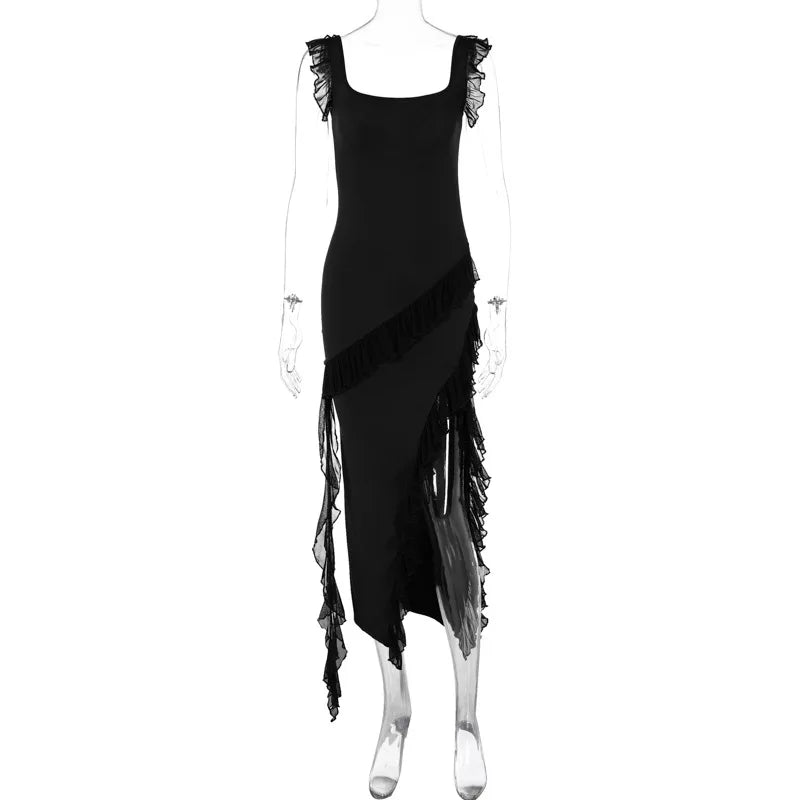 Ruffle Strap Square Neck Diagonal Cascade Ruffle High Slit Maxi Dress