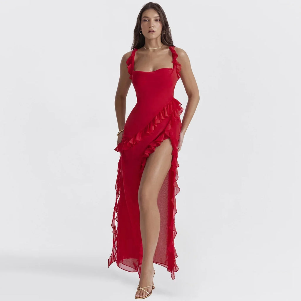Ruffle Strap Square Neck Diagonal Cascade Ruffle High Slit Maxi Dress