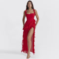 Ruffle Strap Square Neck Diagonal Cascade Ruffle High Slit Maxi Dress