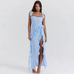 Ruffle Strap Square Neck Diagonal Cascade Ruffle High Slit Maxi Dress