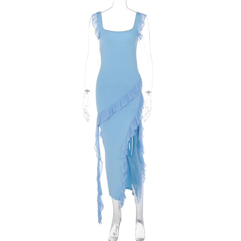 Ruffle Strap Square Neck Diagonal Cascade Ruffle High Slit Maxi Dress