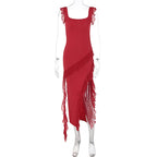 Ruffle Strap Square Neck Diagonal Cascade Ruffle High Slit Maxi Dress