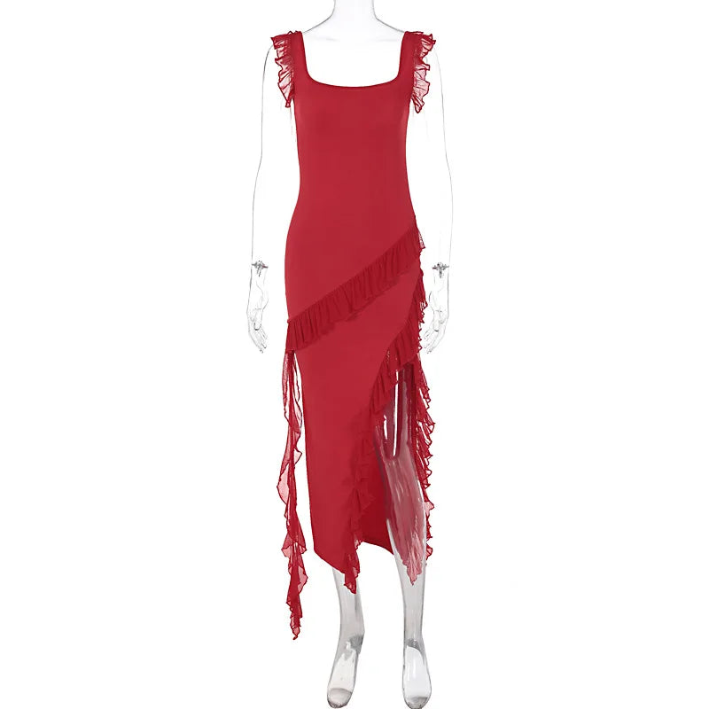 Ruffle Strap Square Neck Diagonal Cascade Ruffle High Slit Maxi Dress