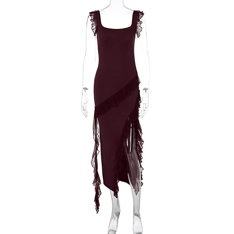 Ruffle Strap Square Neck Diagonal Cascade Ruffle High Slit Maxi Dress