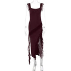 Ruffle Strap Square Neck Diagonal Cascade Ruffle High Slit Maxi Dress